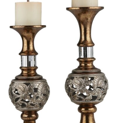 Set Of Two Silver and Brown Pillar Tabletop Pillar Candle Holders