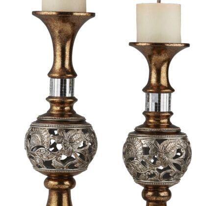 Set Of Two Silver and Brown Pillar Tabletop Pillar Candle Holders