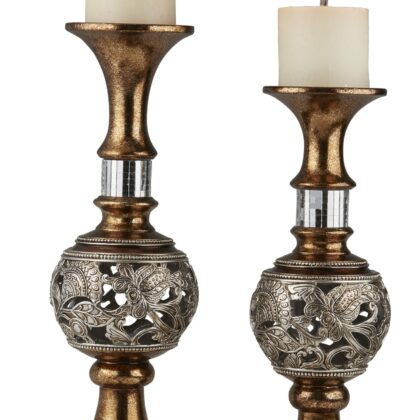 Set Of Two Silver and Brown Pillar Tabletop Pillar Candle Holders