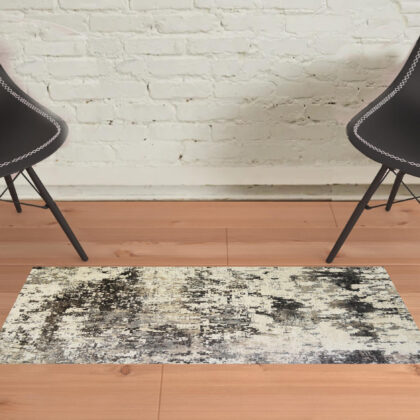 2' x 3' Black Abstract Distressed Area Rug With Fringe