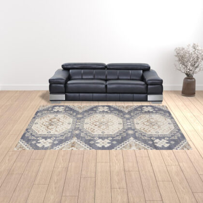 9' x 12' Blue Geometric Distressed Area Rug
