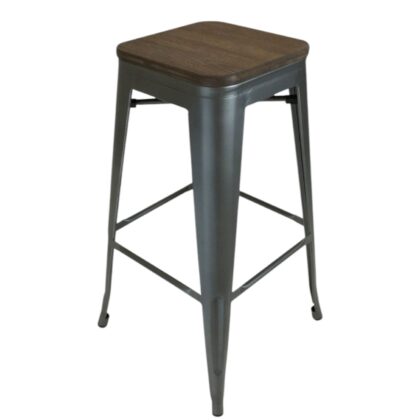 Set of Four 26" Brown and Gunmetal Solid Wood and Metal Backless Counter Height Bar Chairs