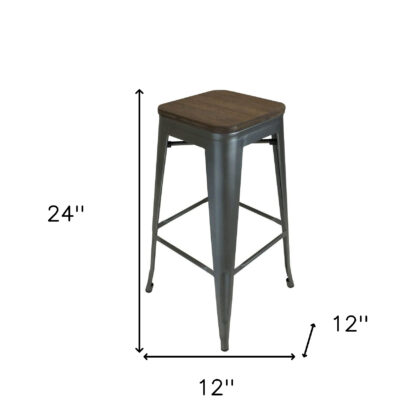 Set of Four 26" Brown and Gunmetal Solid Wood and Metal Backless Counter Height Bar Chairs