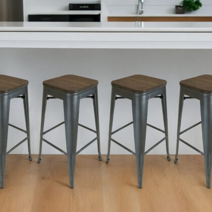 Set of Four 26" Brown and Gunmetal Solid Wood and Metal Backless Counter Height Bar Chairs