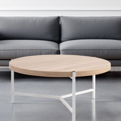 37" Natural And White Metal Round Coffee Table