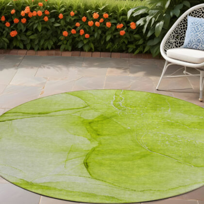 8' Round Green Round Abstract Washable Non Skid Indoor Outdoor Area Rug