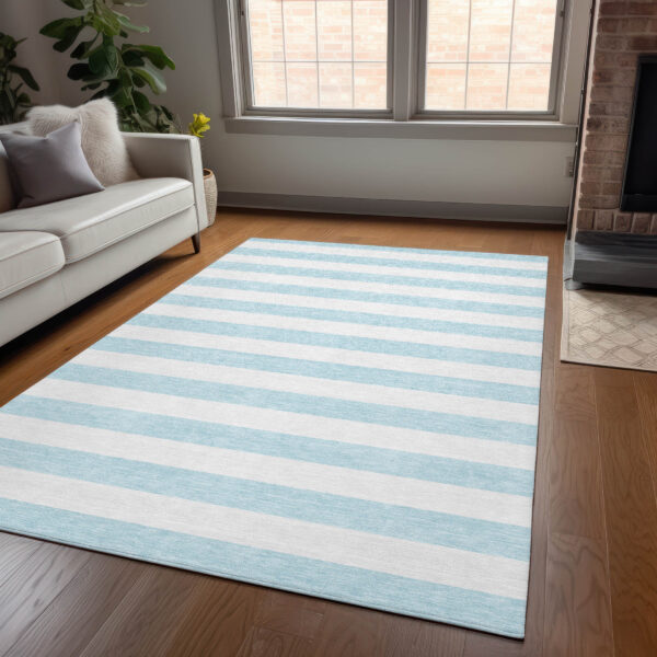 9' X 12' Blue and White Striped Washable Indoor Outdoor Area Rug