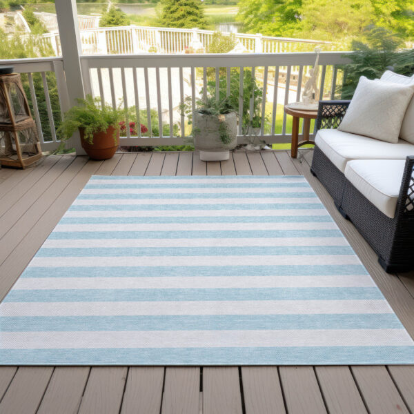 9' X 12' Blue and White Striped Washable Indoor Outdoor Area Rug