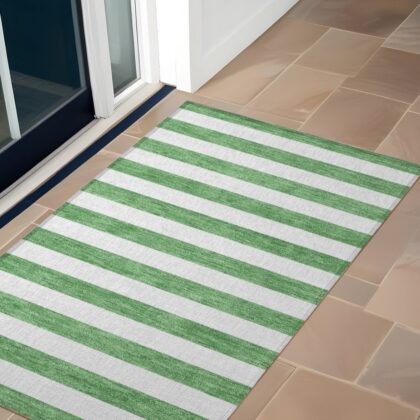 2' X 3' Green and White Striped Washable Indoor Outdoor Area Rug