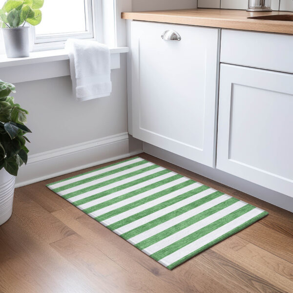 2' X 3' Green and White Striped Washable Indoor Outdoor Area Rug