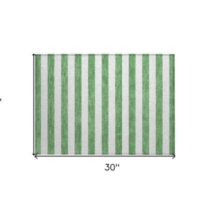 2' X 3' Green and White Striped Washable Indoor Outdoor Area Rug