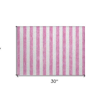 2' X 3' Pink and White Striped Washable Non Skid Indoor Outdoor Area Rug