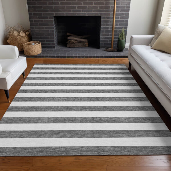 10' X 14' Charcoal Striped Washable Non Skid Indoor Outdoor Area Rug