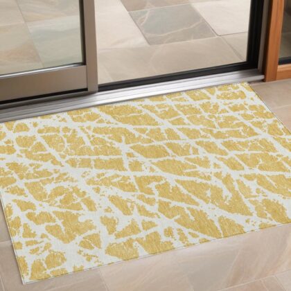3' X 5' Gold and White Abstract Washable Non Skid Indoor Outdoor Area Rug