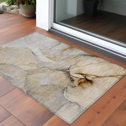 3' X 5' Beige Abstract Washable Non Skid Indoor Outdoor Area Rug