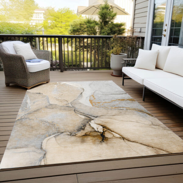 3' X 5' Beige Abstract Washable Non Skid Indoor Outdoor Area Rug