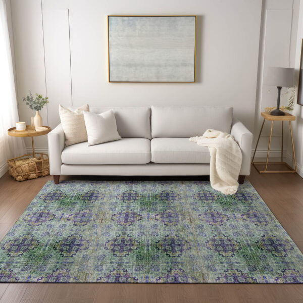 5' X 8' Purple and Green Floral Medallion Washable Non Skid Indoor Outdoor Area Rug