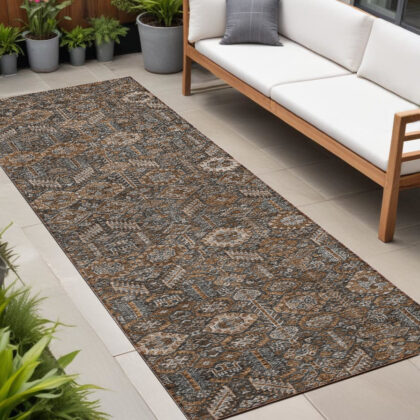 8' Runner Chocolate Floral Washable Non Skid Indoor Outdoor Runner Rug