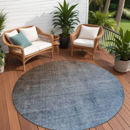 8' Round Blue and Green Round Ombre Washable Non Skid Indoor Outdoor Area Rug