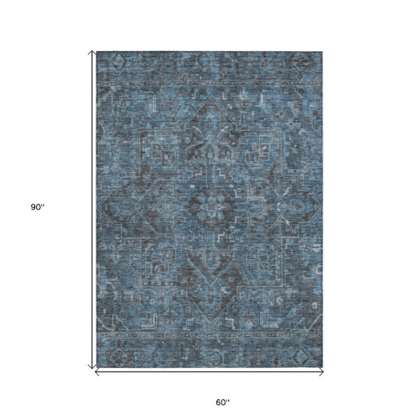 5' X 8' Navy and Black Oriental Washable Non Skid Indoor Outdoor Area Rug