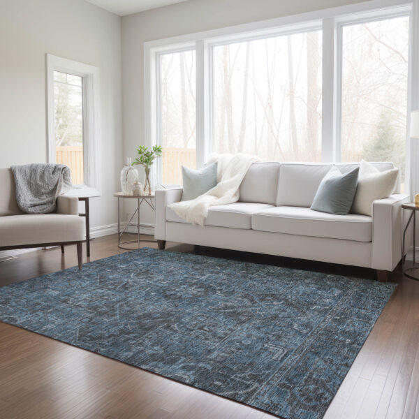 5' X 8' Navy and Black Oriental Washable Non Skid Indoor Outdoor Area Rug