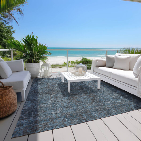 5' X 8' Navy and Black Oriental Washable Non Skid Indoor Outdoor Area Rug