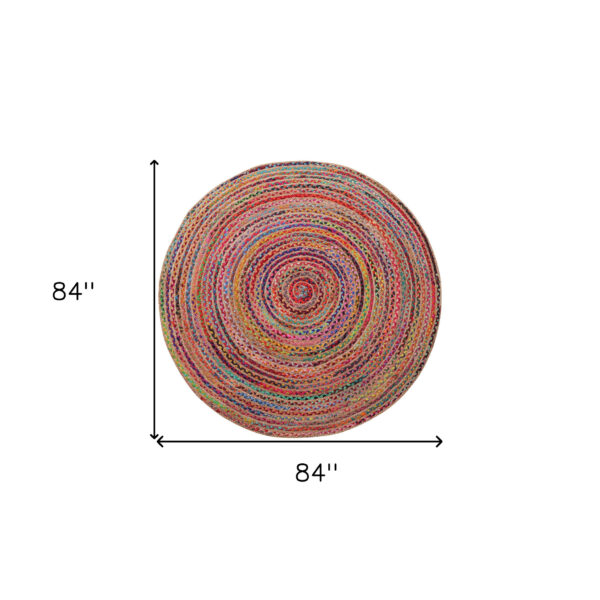 7' Tan Round Geometric Hand Braided Area Rug