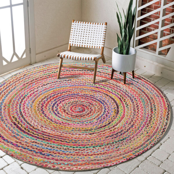 7' Tan Round Geometric Hand Braided Area Rug