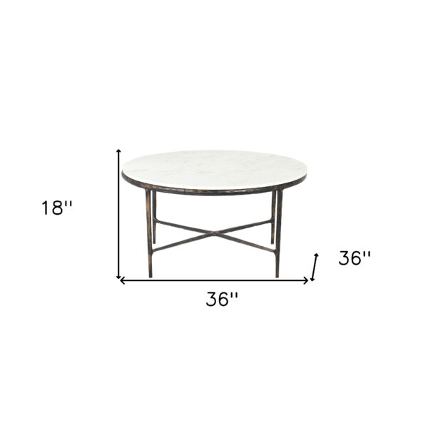 36" White And Brown Genuine Marble And Aluminum Round Coffee Table