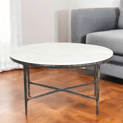 36" White And Brown Genuine Marble And Aluminum Round Coffee Table