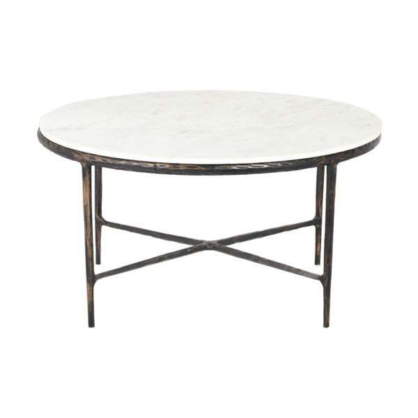 36" White And Brown Genuine Marble And Aluminum Round Coffee Table