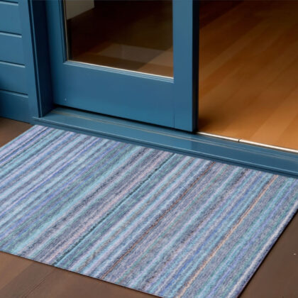3' X 5' Sky Blue And Navy Blue Striped Washable Indoor Outdoor Area Rug