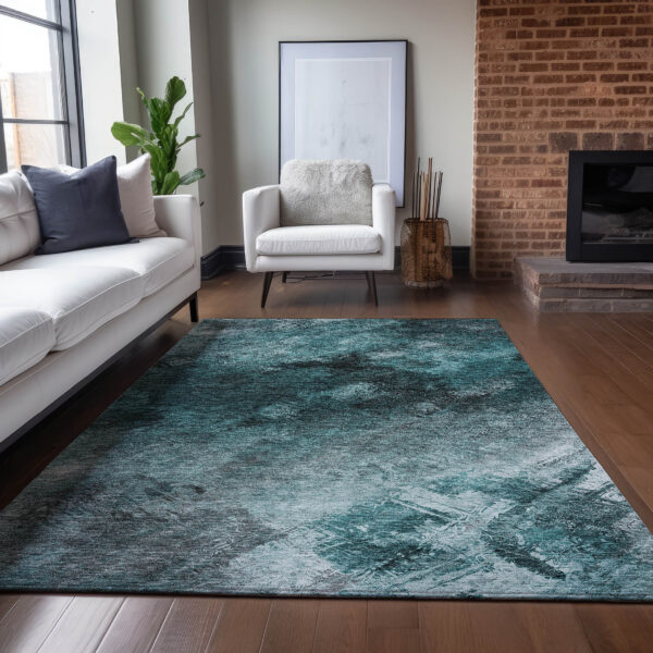 10' X 14' Teal Blue Aqua And Gray Abstract Washable Indoor Outdoor Area Rug