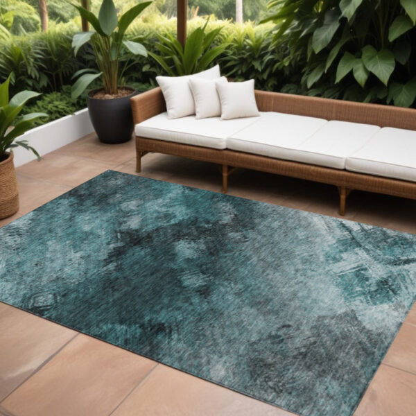10' X 14' Teal Blue Aqua And Gray Abstract Washable Indoor Outdoor Area Rug