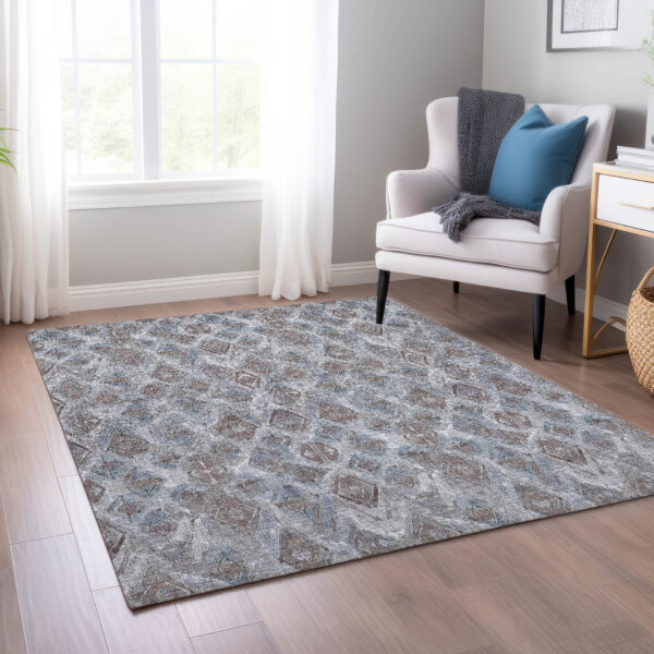 8' X 10' Sky Blue And Silver Geometric Washable Indoor Outdoor Area Rug