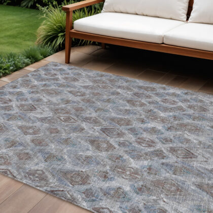 8' X 10' Sky Blue And Silver Geometric Washable Indoor Outdoor Area Rug