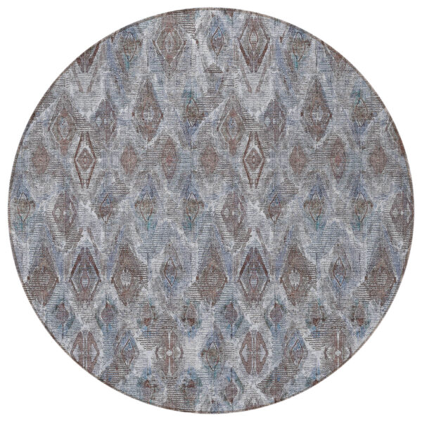 8' Sky Blue And Silver Round Geometric Washable Indoor Outdoor Area Rug