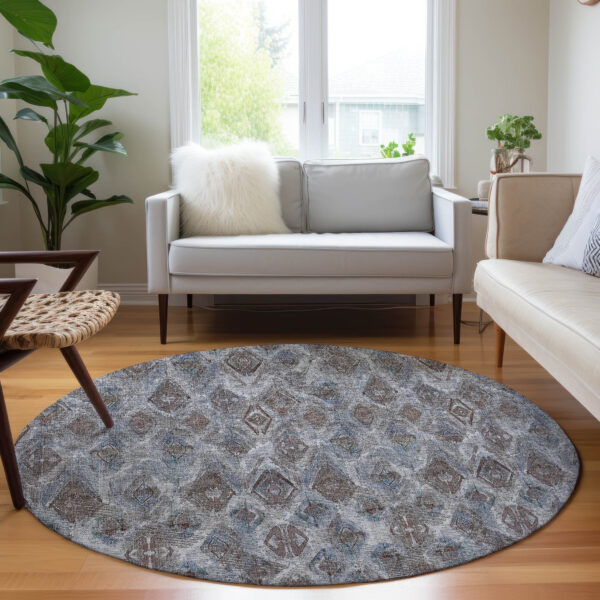 8' Sky Blue And Silver Round Geometric Washable Indoor Outdoor Area Rug