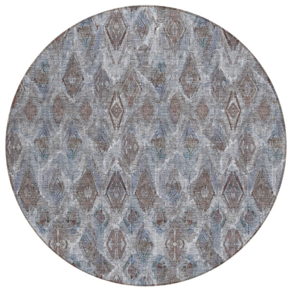 8' Sky Blue And Silver Round Geometric Washable Indoor Outdoor Area Rug