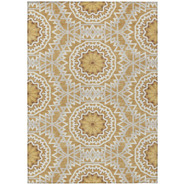 9' X 12' Gold Gray And Ivory Floral Medallion Washable Indoor Outdoor Area Rug