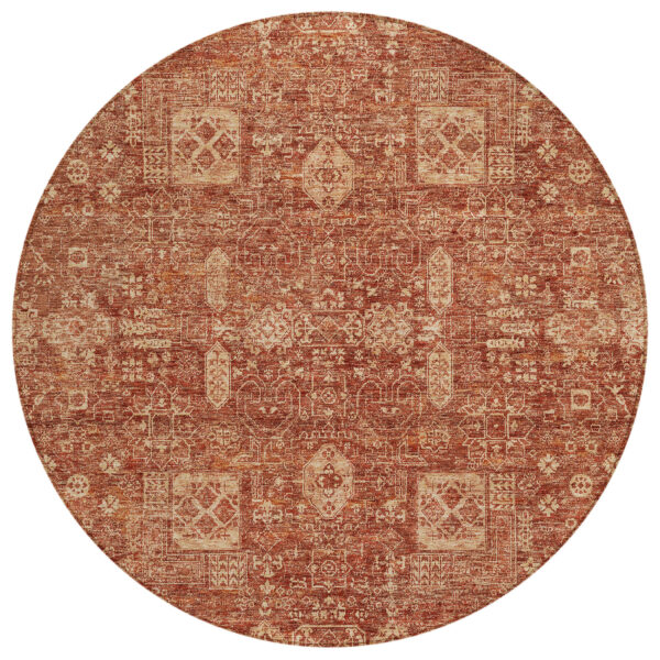 8' Orange Copper And Terra Cotta Round Oriental Washable Indoor Outdoor Area Rug