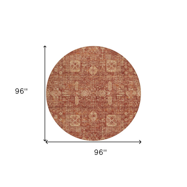 8' Orange Copper And Terra Cotta Round Oriental Washable Indoor Outdoor Area Rug