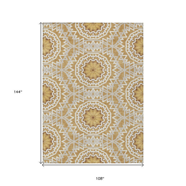 9' X 12' Gold Gray And Ivory Floral Medallion Washable Indoor Outdoor Area Rug