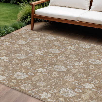 10' X 14' Copper And Beige Floral Washable Indoor Outdoor Area Rug
