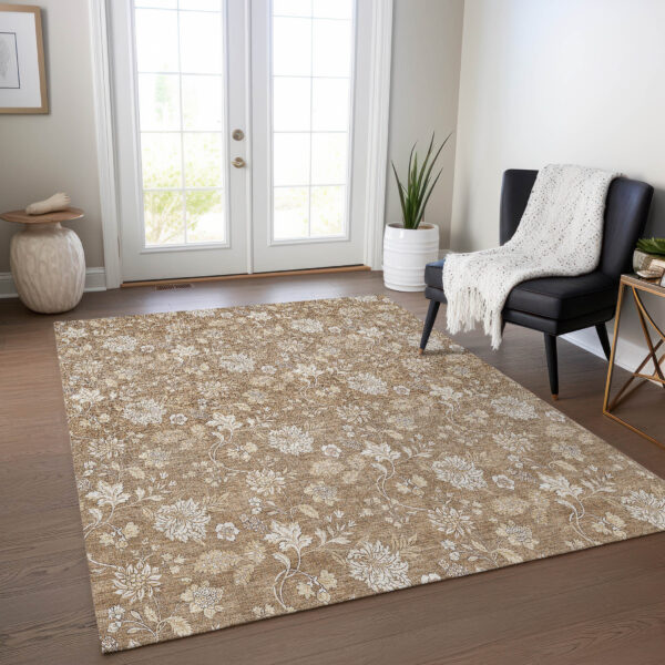 10' X 14' Copper And Beige Floral Washable Indoor Outdoor Area Rug