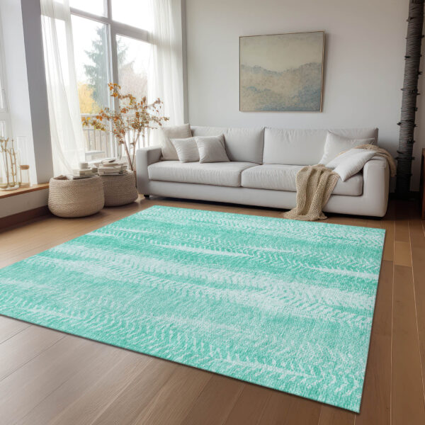 8' X 10' Aqua Teal Blue And Ivory Botanical Leaves Washable Indoor Outdoor Area Rug