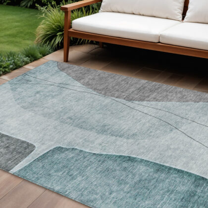 10' X 14' Teal Blue Aqua And Gray Abstract Washable Indoor Outdoor Area Rug