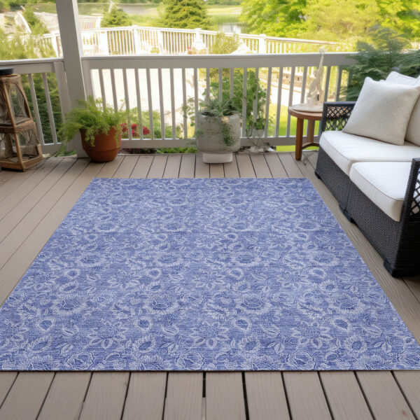 9' X 12' Denim Blue And Navy Blue Floral Washable Indoor Outdoor Area Rug