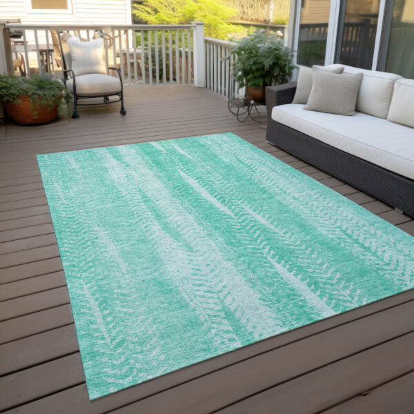 8' X 10' Aqua Teal Blue And Ivory Botanical Leaves Washable Indoor Outdoor Area Rug