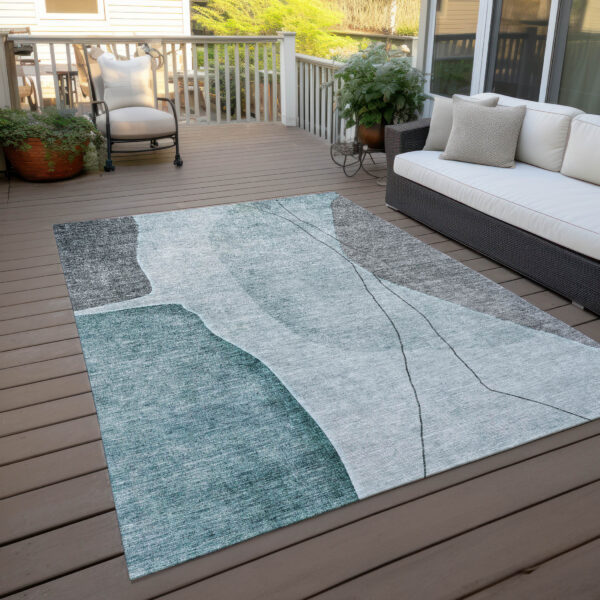 10' X 14' Teal Blue Aqua And Gray Abstract Washable Indoor Outdoor Area Rug